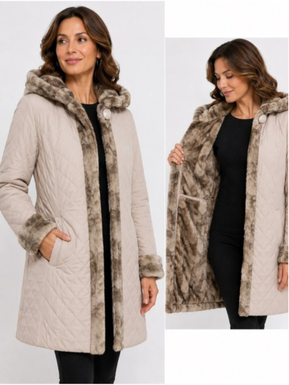 Plush Faux Fur Hooded Quilted Parka Jacket Beige Taupe Woman’s M Chic